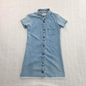 Element Eden Denim Button-Up Dress Small Petite Short Sleeves Raw Hem All Cotton